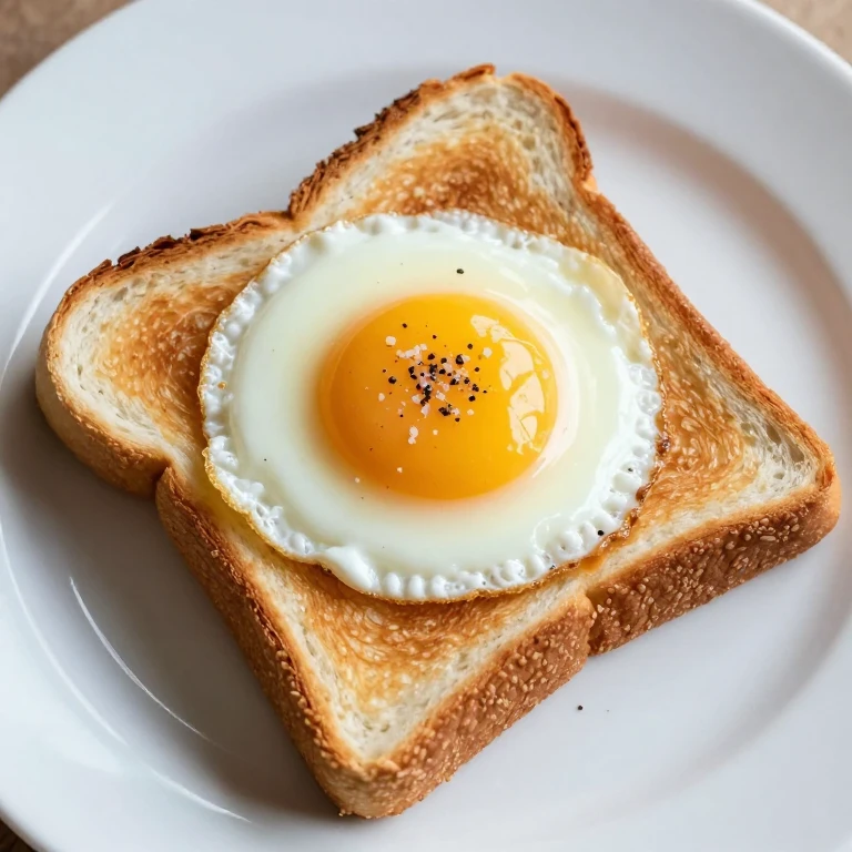 Egg-in-a-hole with golden toast and runny yolk in center hole