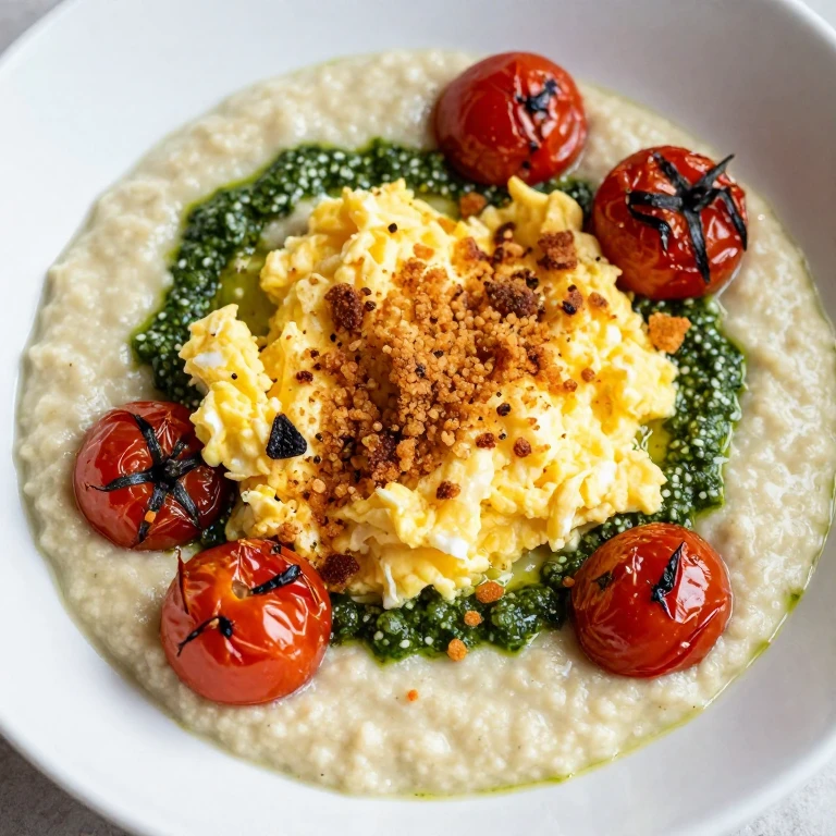 Creamy grits with pesto scrambled eggs, roasted tomatoes, and crispy breadcrumbs