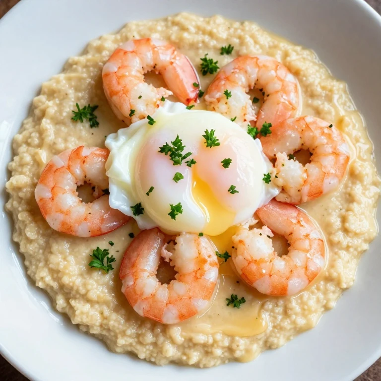 Shrimp and grits topped with poached egg and fresh parsley garnish
