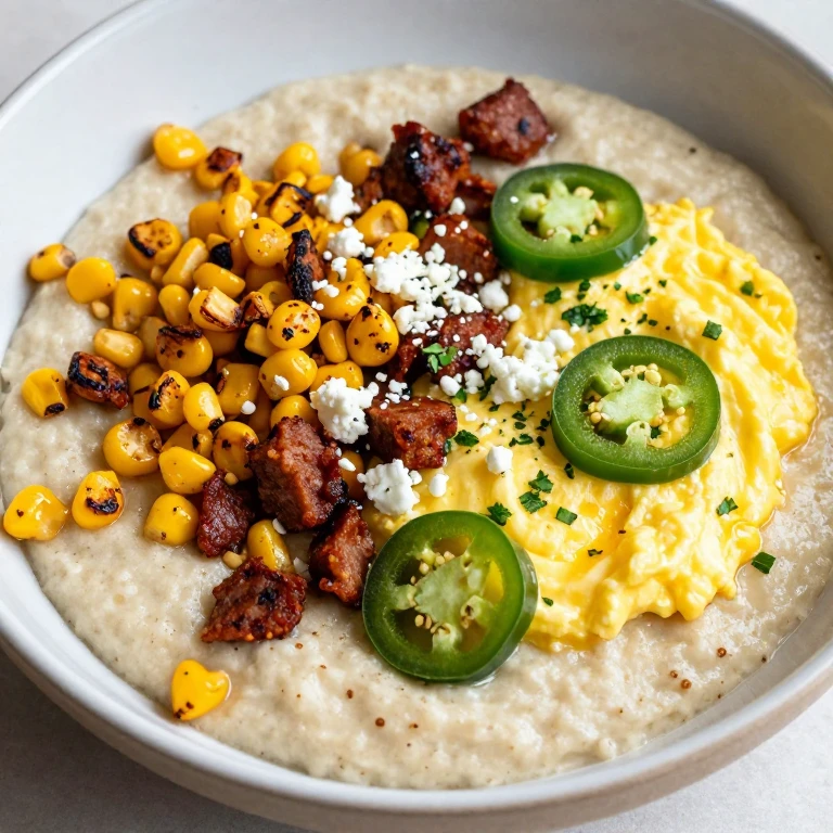 Chorizo grits with cilantro-lime eggs, charred corn, and jalapeño garnish