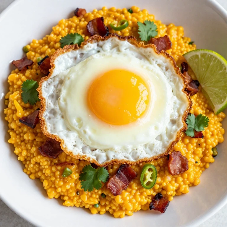 Spiced cheddar grits with crispy fried egg and bacon crumbles, cilantro garnish