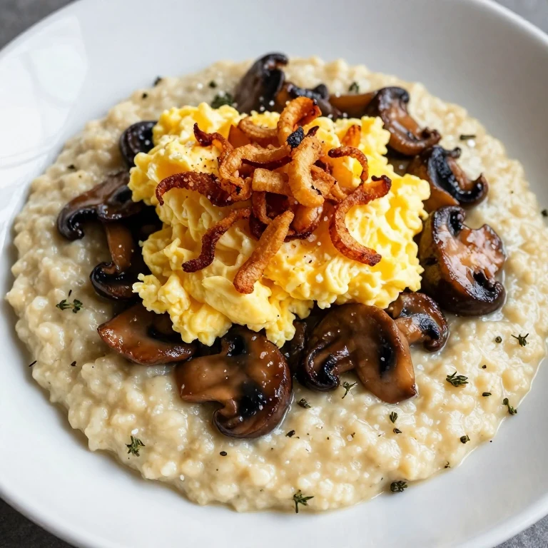 Creamy grits with sautéed mushrooms, soft eggs, and crispy fried shallots