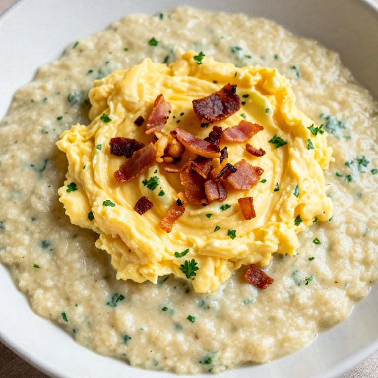 Creamy slow-cooker grits topped with herb-infused soft scrambled eggs