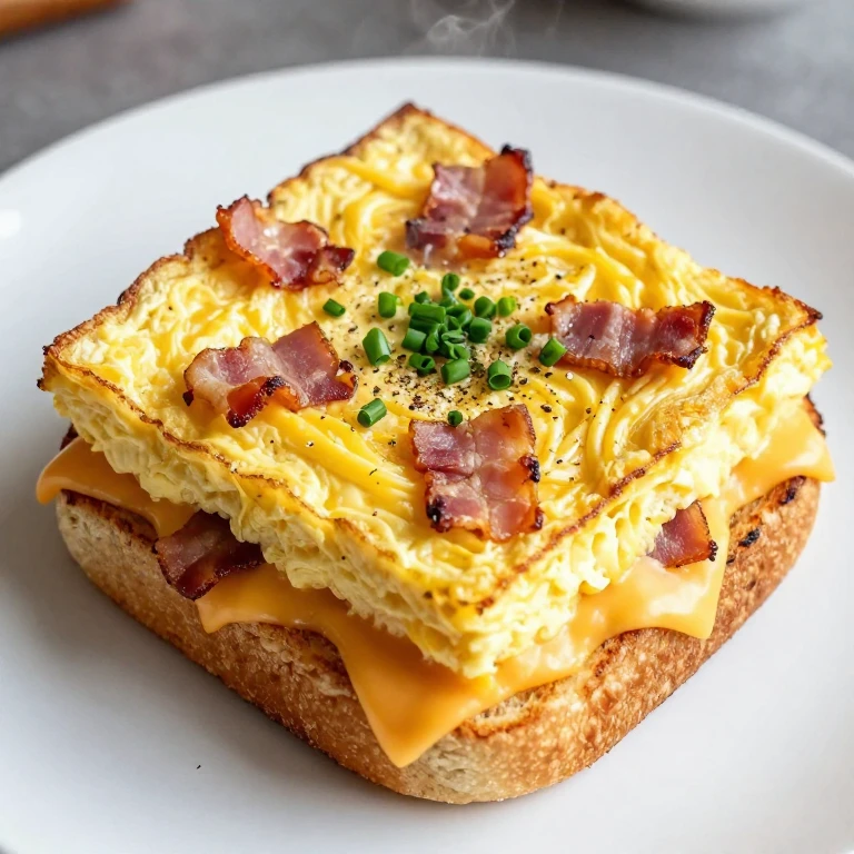 Sheet-pan baked egg breakfast sandwich with cheese, bacon, and chives on toasted English muffin