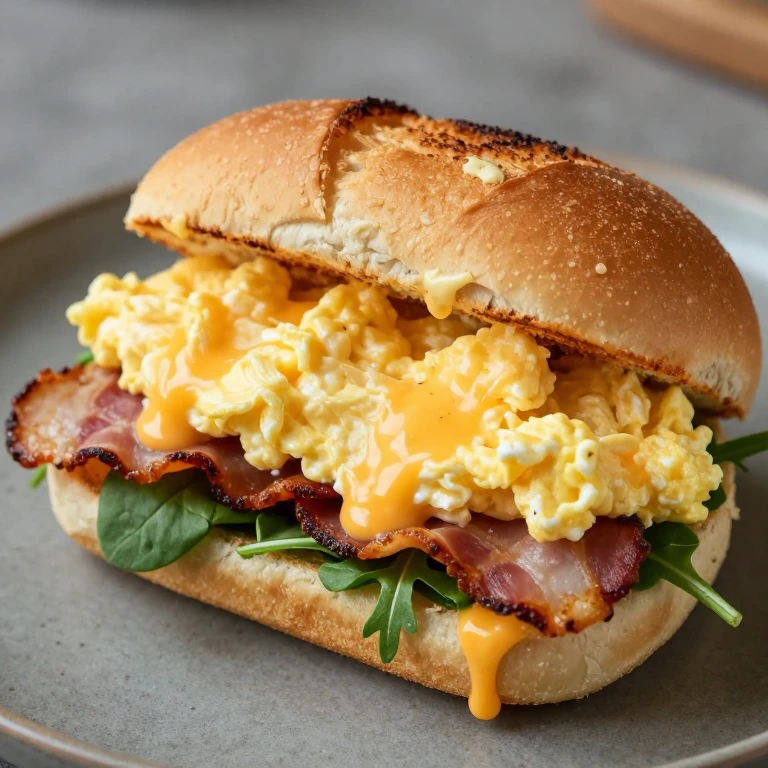 cheddar soft-scramble breakfast egg sandwich with bacon and greens