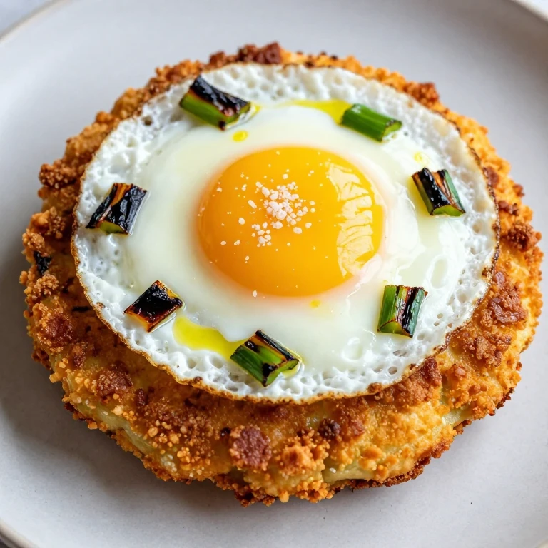 Crispy fried grit cakes topped with runny egg and charred scallions