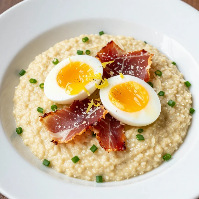 Buttery scallion grits with jammy egg and crispy prosciutto shards