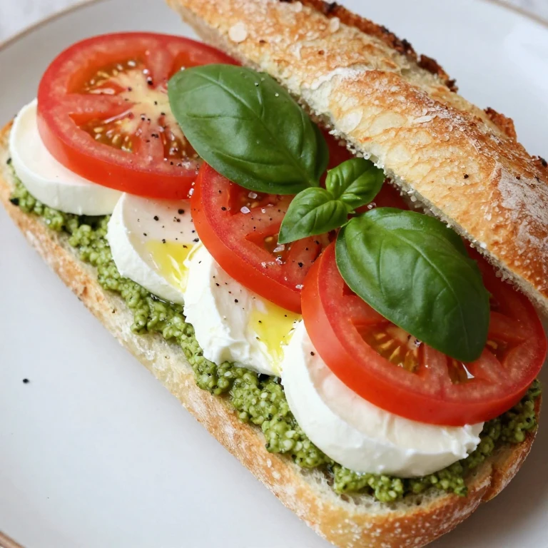 ciabatta sandwich with pesto, mozzarella, tomato, and fresh basil