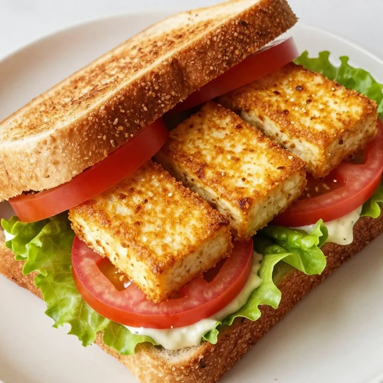 whole grain sandwich with crispy tofu, lettuce, and tomato