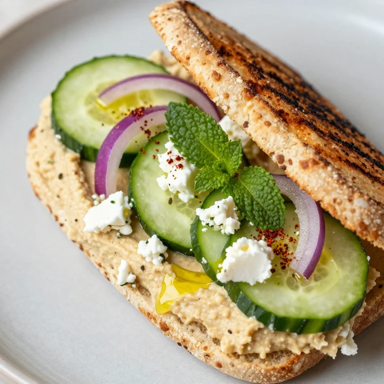 pita sandwich with hummus, cucumber, feta, and fresh herbs