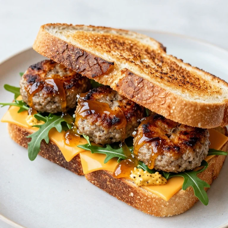sourdough sandwich with maple sausage, cheddar, and arugula