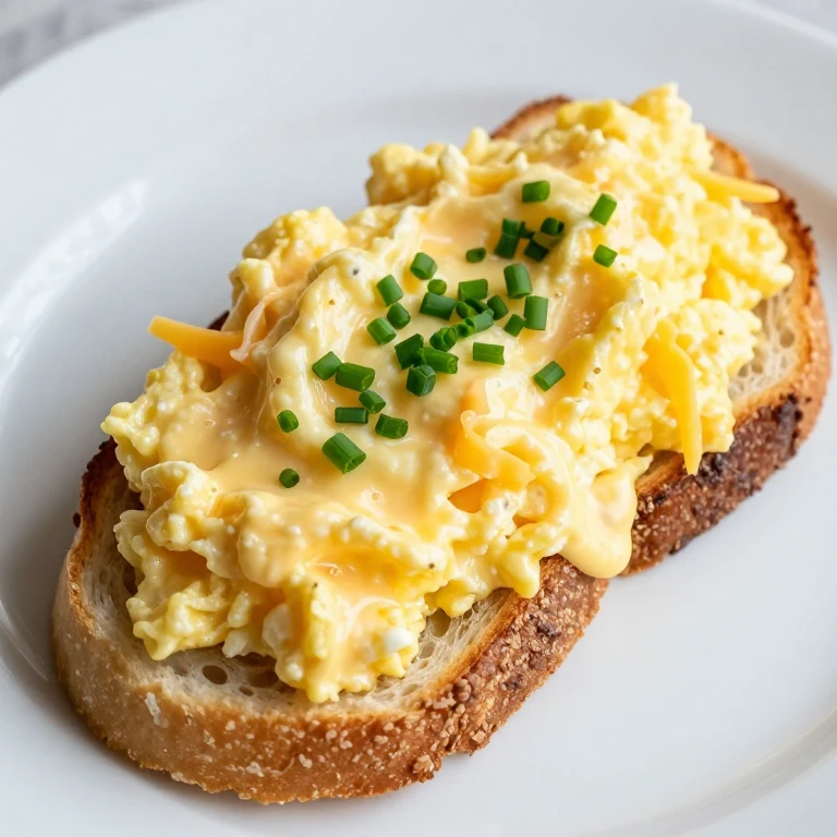 Soft scrambled eggs with cheddar on toasted sourdough with chives