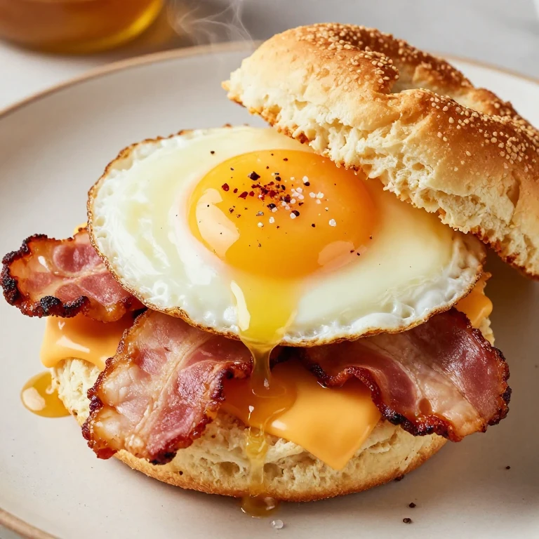 Warm biscuit with crispy bacon, runny egg, and hot honey drizzle
