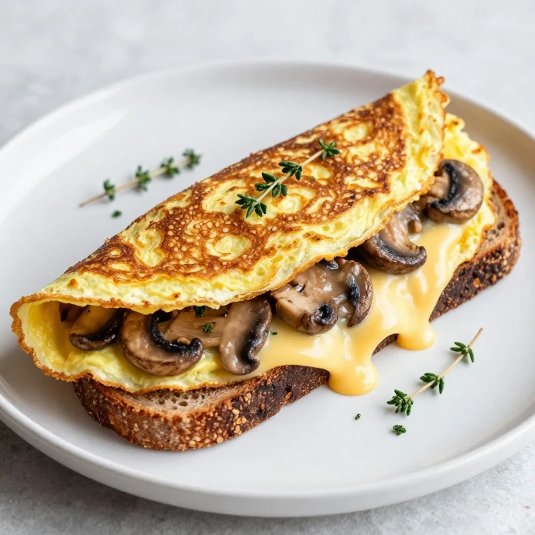 Folded omelette with golden mushrooms and melted Swiss on rye toast