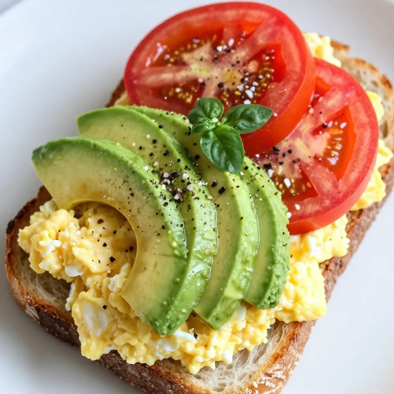 Toasted sourdough with scrambled eggs, avocado, tomato, and fresh herbs