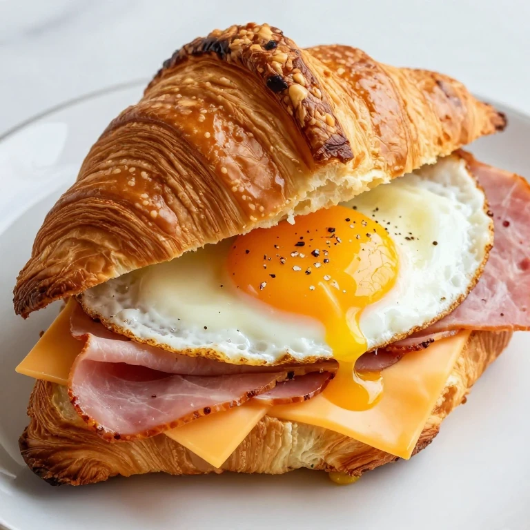 Buttery croissant sandwich with ham, melted Gruyère, and runny egg