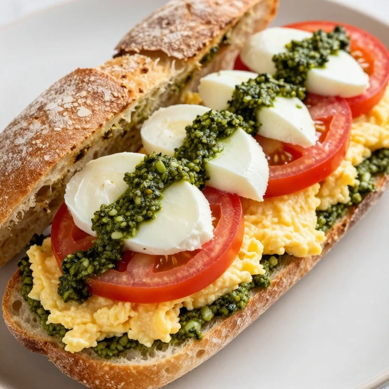 Toasted ciabatta with pesto, creamy eggs, tomato, and fresh mozzarella