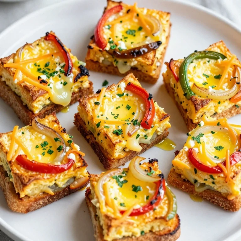 Golden baked egg squares with roasted peppers, onions, and melted cheese