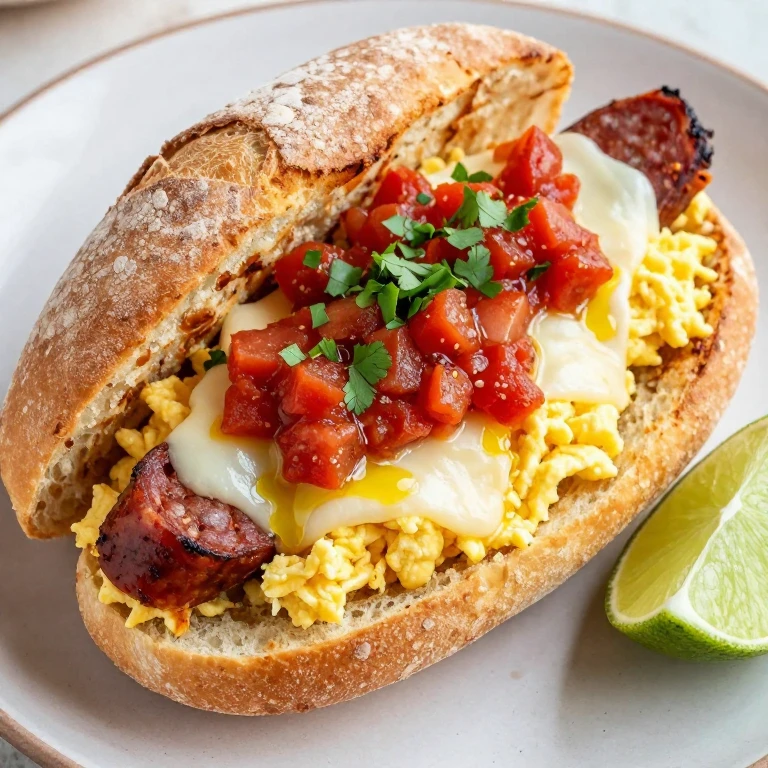 Crusty roll with chorizo scrambled eggs, pepper jack, and fresh salsa