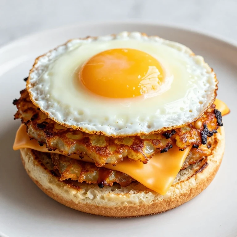 Stacked sandwich with crispy hash browns, runny egg, and melted cheese