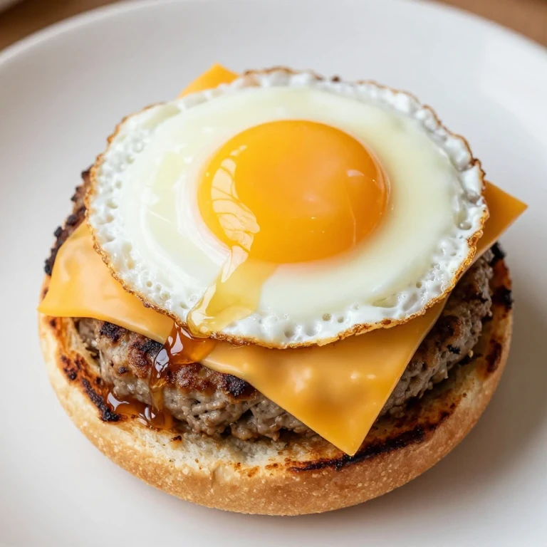 English muffin with maple sausage, runny egg, and sharp cheddar cheese