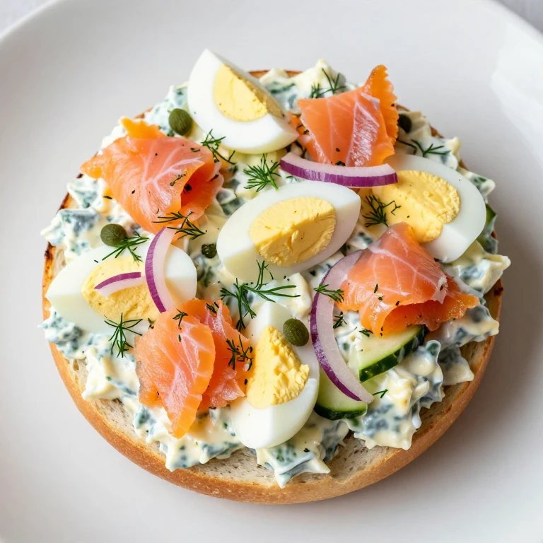 Toasted bagel with smoked salmon egg salad, dill, capers, and fresh vegetables