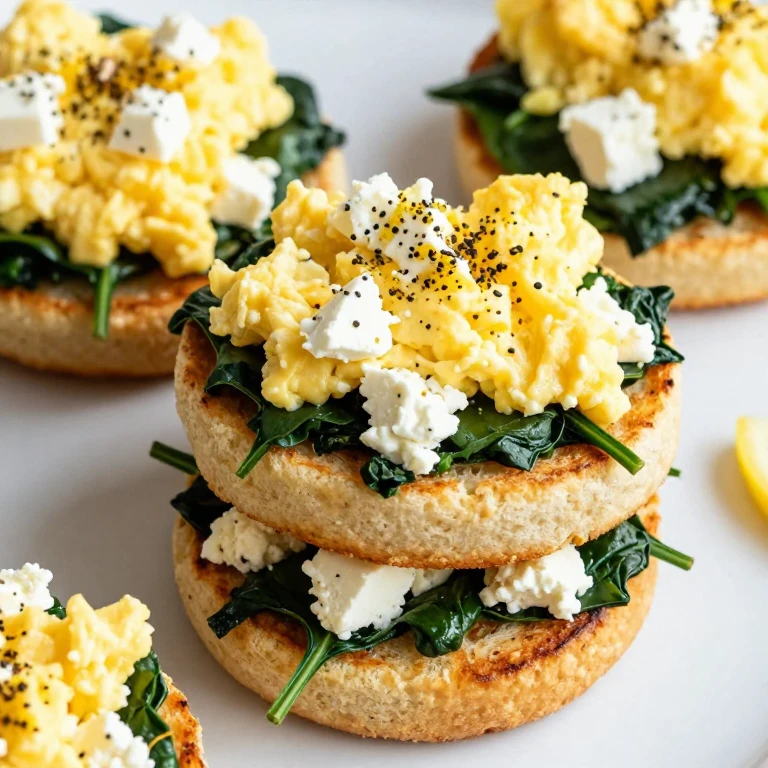 Toasted muffins with wilted spinach, scrambled eggs, and crumbled feta