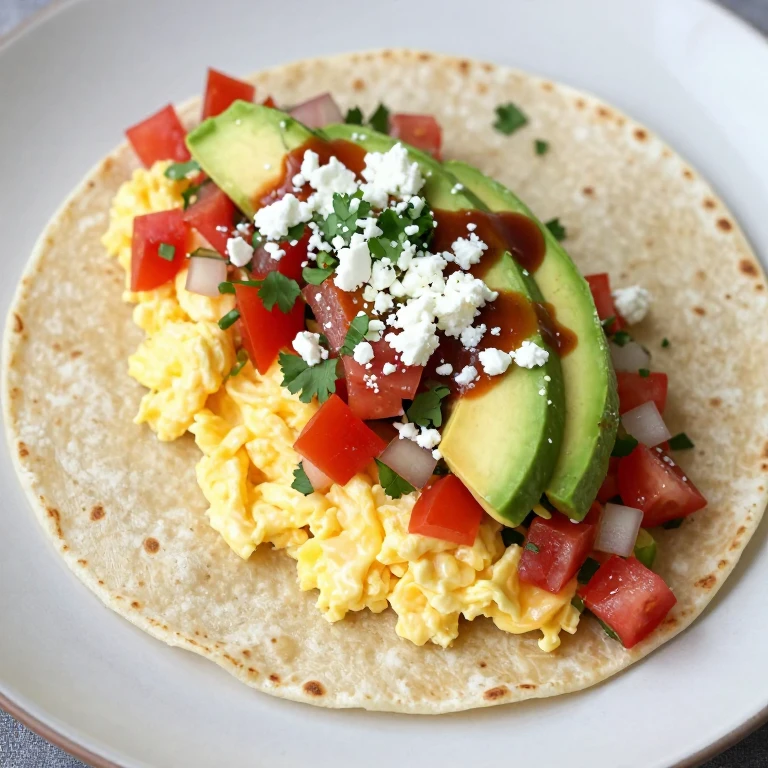 Warm tortilla wrap with scrambled eggs, pico de gallo, avocado, and queso fresco