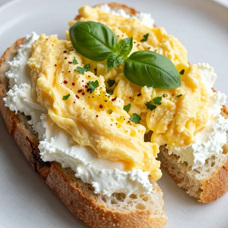 Focaccia with creamy ricotta, soft scrambled eggs, and fresh basil