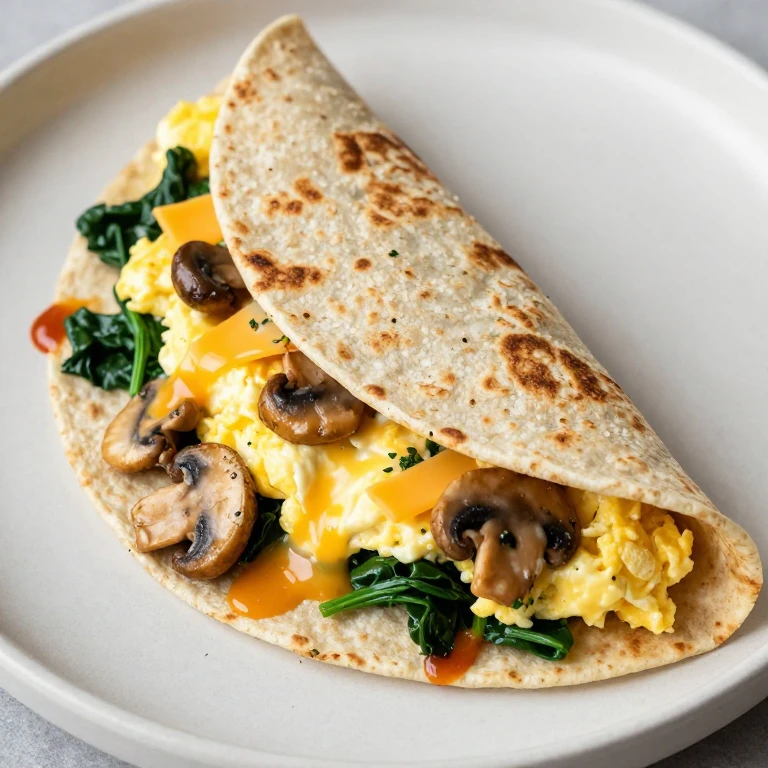 Whole-wheat tortilla with scrambled eggs, sautéed mushrooms, spinach, and cheese