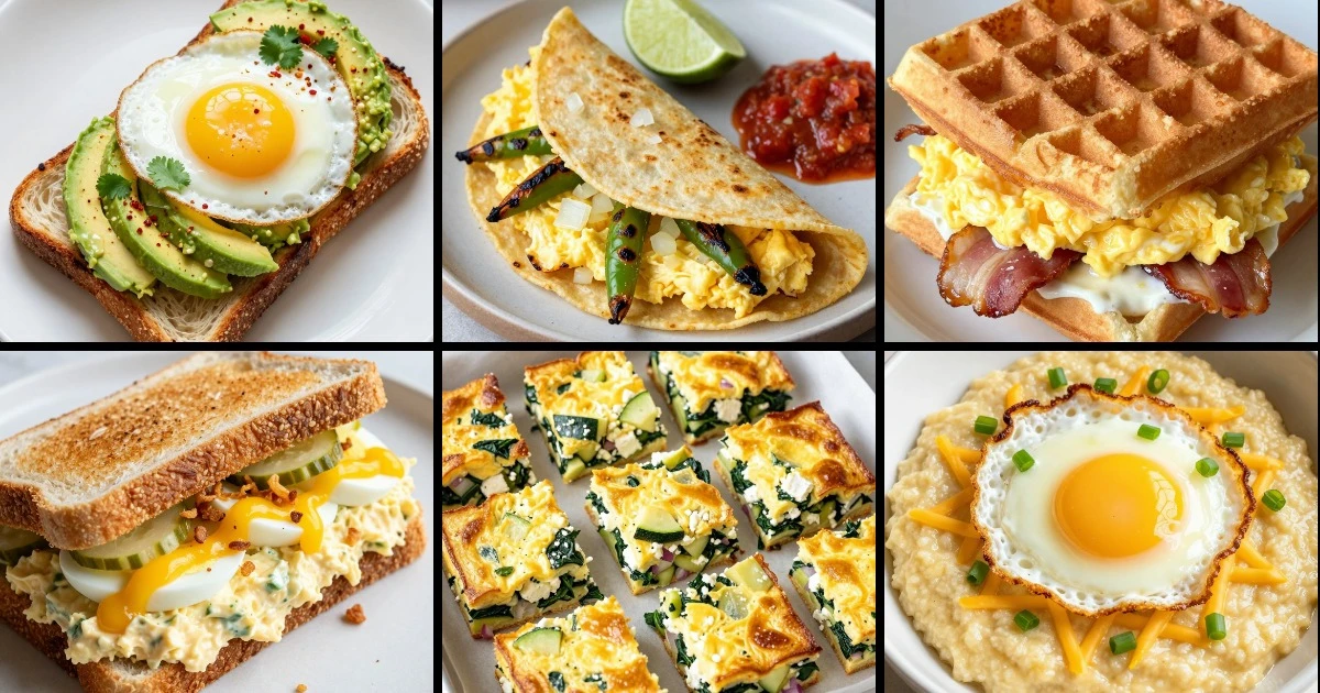 Collage of six egg breakfast recipes including toast, tortillas, waffles, sandwich, baked squares, and grits.