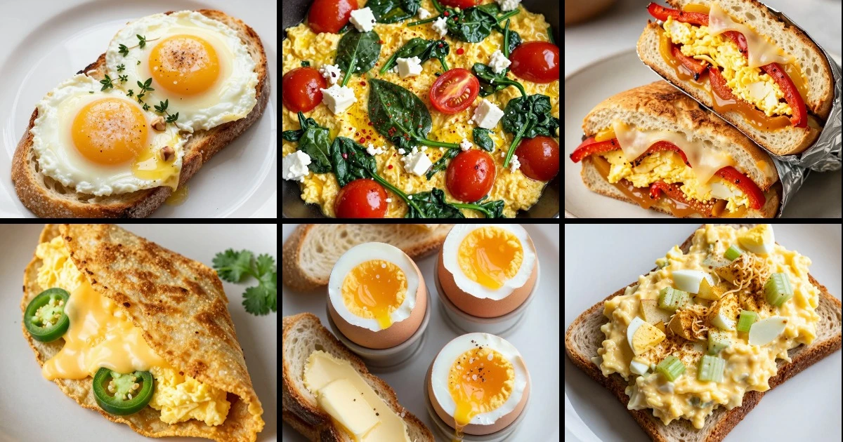 Collage of six breakfast egg recipes including butter-basted toast, scrambled eggs with vegetables, egg sandwiches, and soft-boiled eggs.