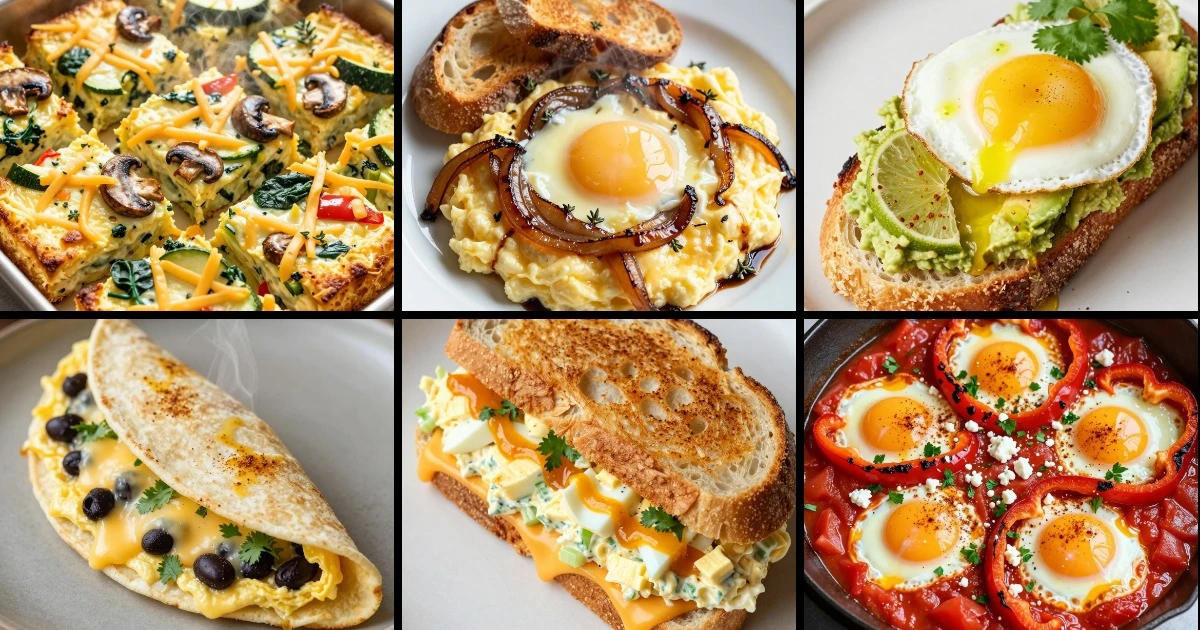 Collage of six egg breakfast recipes including baked squares, scrambled eggs, avocado toast, tortilla wrap, egg salad melt, and skillet poach.