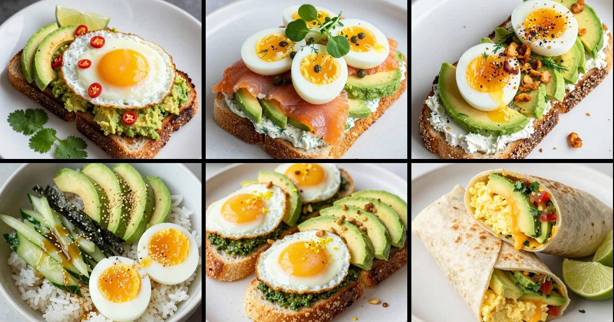 Collage of six egg and avocado breakfast recipes including toast, sandwich, bowl, and burrito variations.