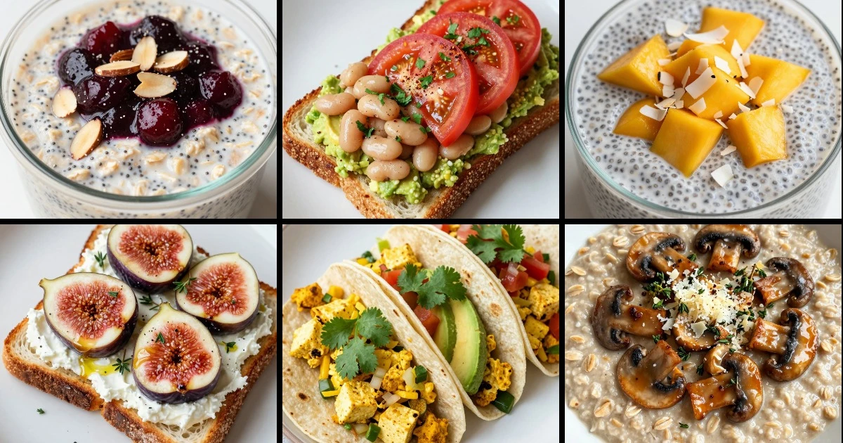 Collage of six egg-free breakfast dishes including oats, toast, chia pudding, tacos, and savory preparations with various toppings.