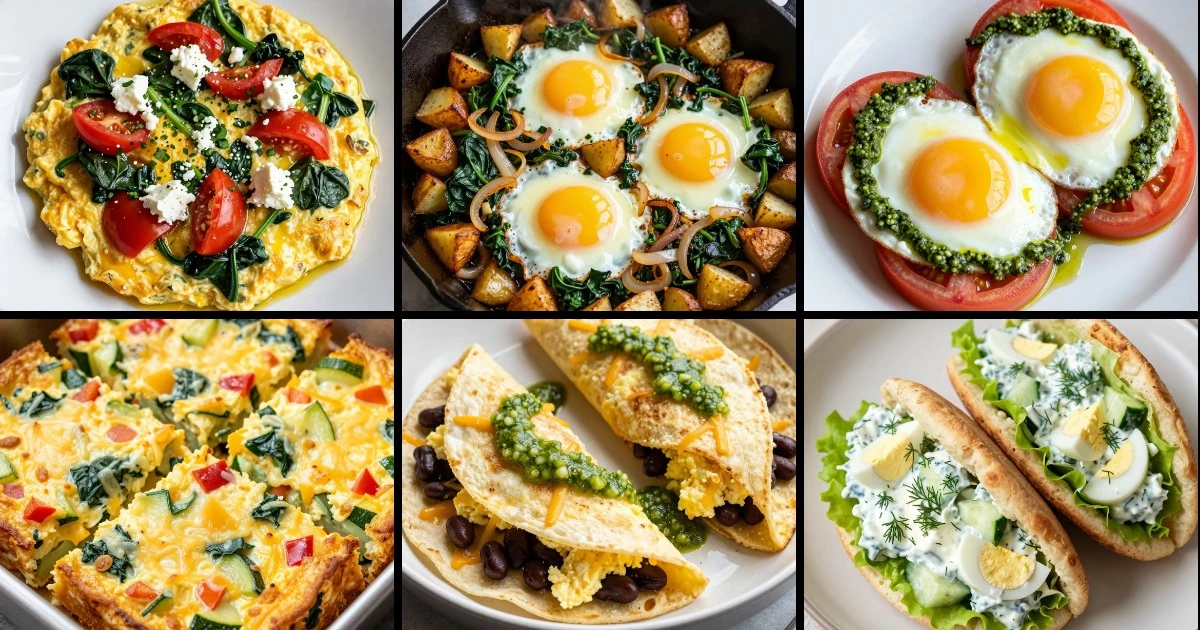 Collage of six egg breakfast dishes featuring scrambled, fried, and baked preparations with vegetables, cheese, and whole grains.
