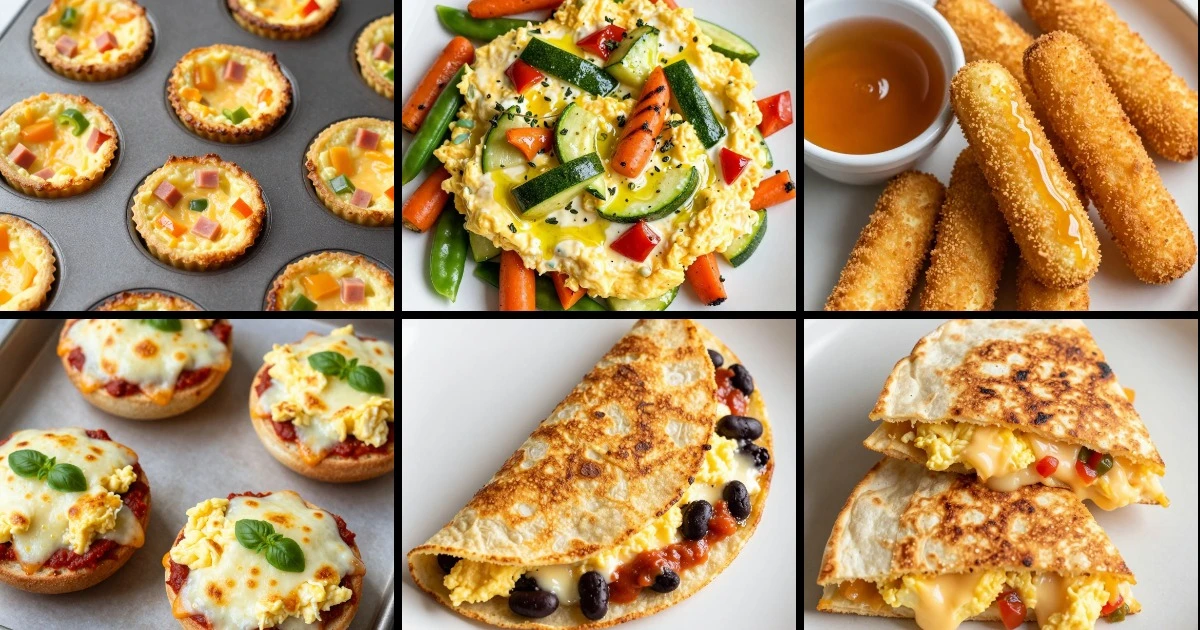 Collage of six egg-based breakfast dishes including omelette cups, scrambled eggs with vegetables, egg sticks, English muffins, tortillas, and quesadillas.