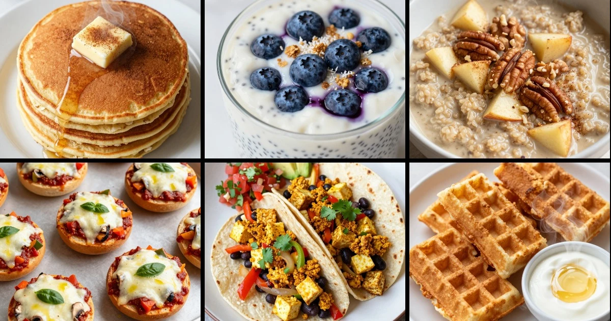 Collage of six egg-free breakfast options: pancakes, chia pudding, quinoa bowl, bagel pizzas, tofu tacos, and waffle strips.