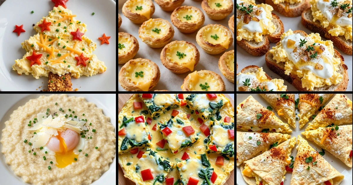 Collage of six festive Christmas breakfast egg dishes for kids, including scrambled eggs, croissants, toasts, grits, omelette bites, and tortilla folds.