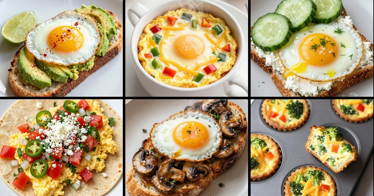 Collage of six quick healthy egg breakfast recipes including avocado toast, mug omelette, cottage cheese toast, scrambled eggs, mushroom toast, and frittata muffins.