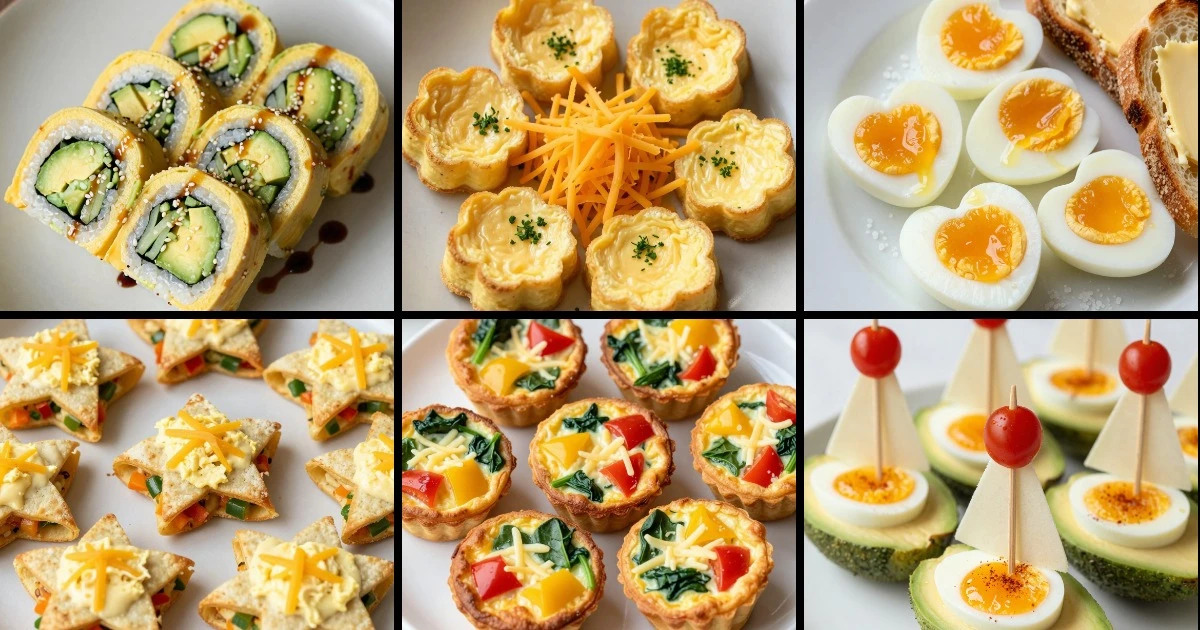 Collage of six kid-friendly egg breakfast recipes featuring rolls, flower omelette, heart shapes, stars, frittatas, and avocado boats.