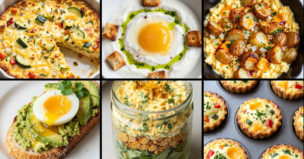Collage of six egg breakfast recipes including baked squares, yogurt bowls, scrambled eggs, avocado toast, egg salad jars, and muffins.