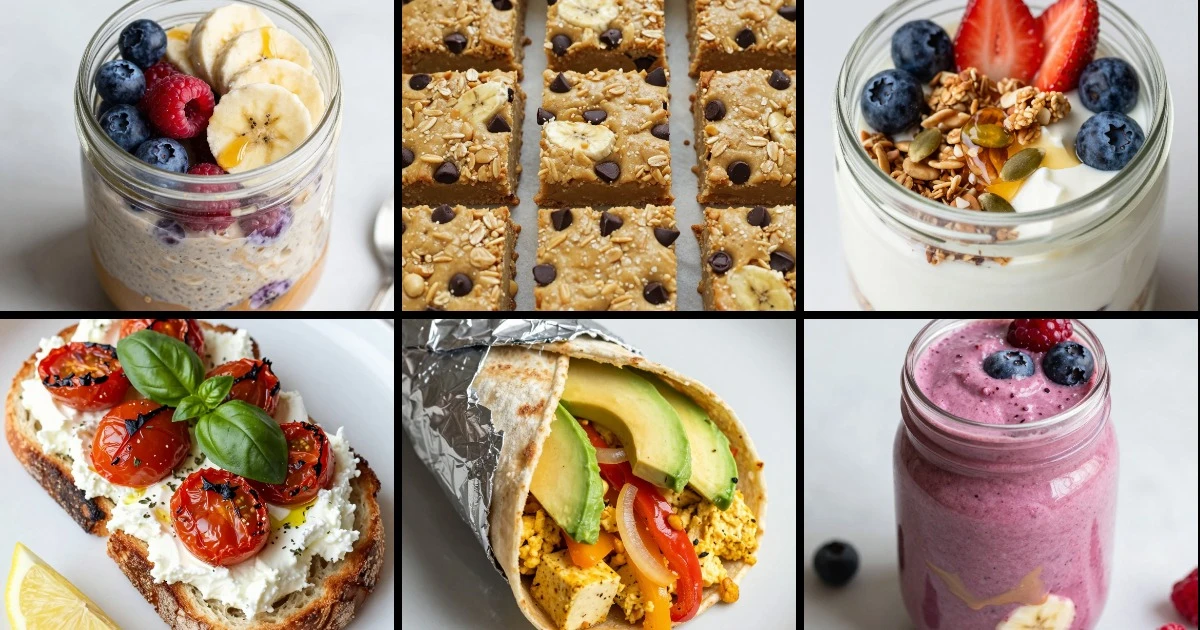 Collage of six egg-free breakfast recipes including oats, yogurt parfaits, toast, tofu scramble, and smoothies with various fruits and nuts.