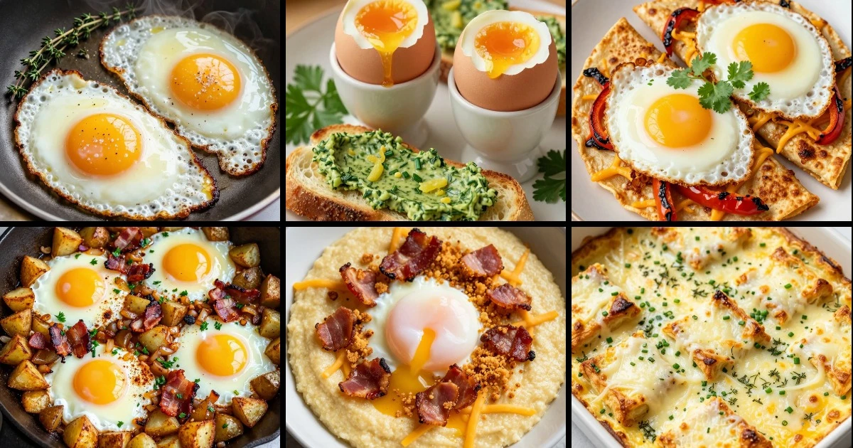Collage of six breakfast egg recipes including fried, soft-boiled, tortilla, skillet, grits, and baked croissant variations.