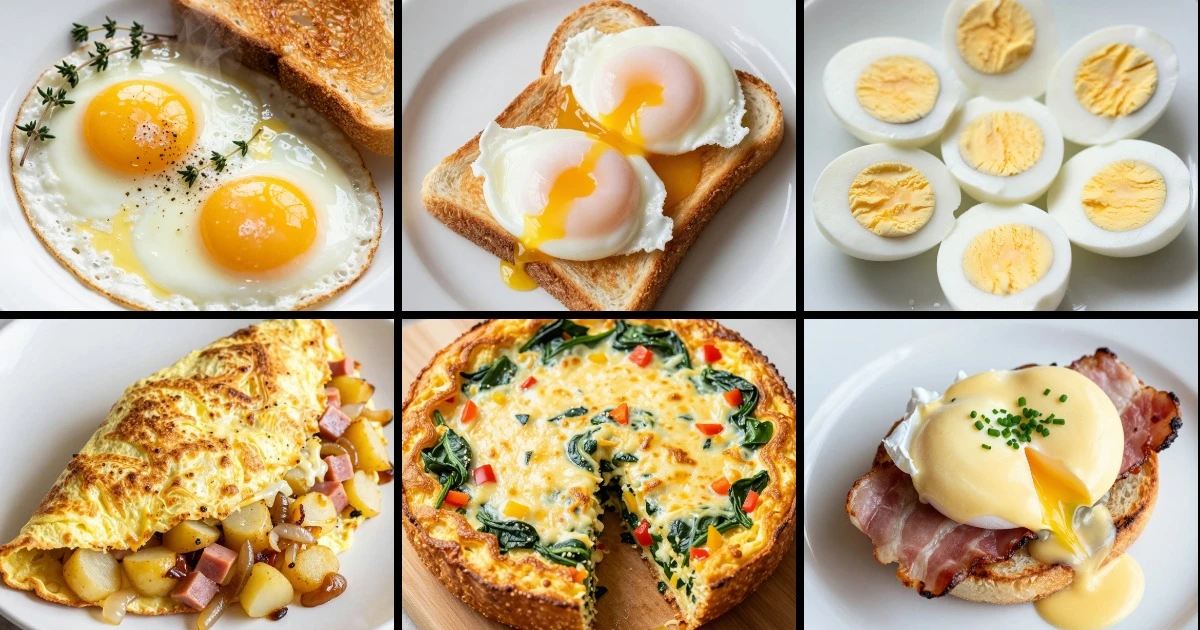 Collage of six classic egg breakfast recipes: sunny-side up, poached, hard-boiled, omelette, frittata, and eggs Benedict.