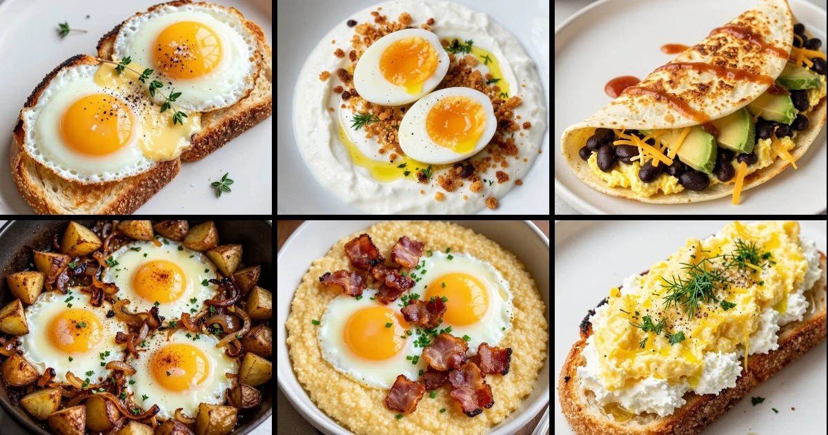 Collage of six easy egg breakfast recipes including toast, skillet, tortilla, grits, and potato dishes with various toppings.