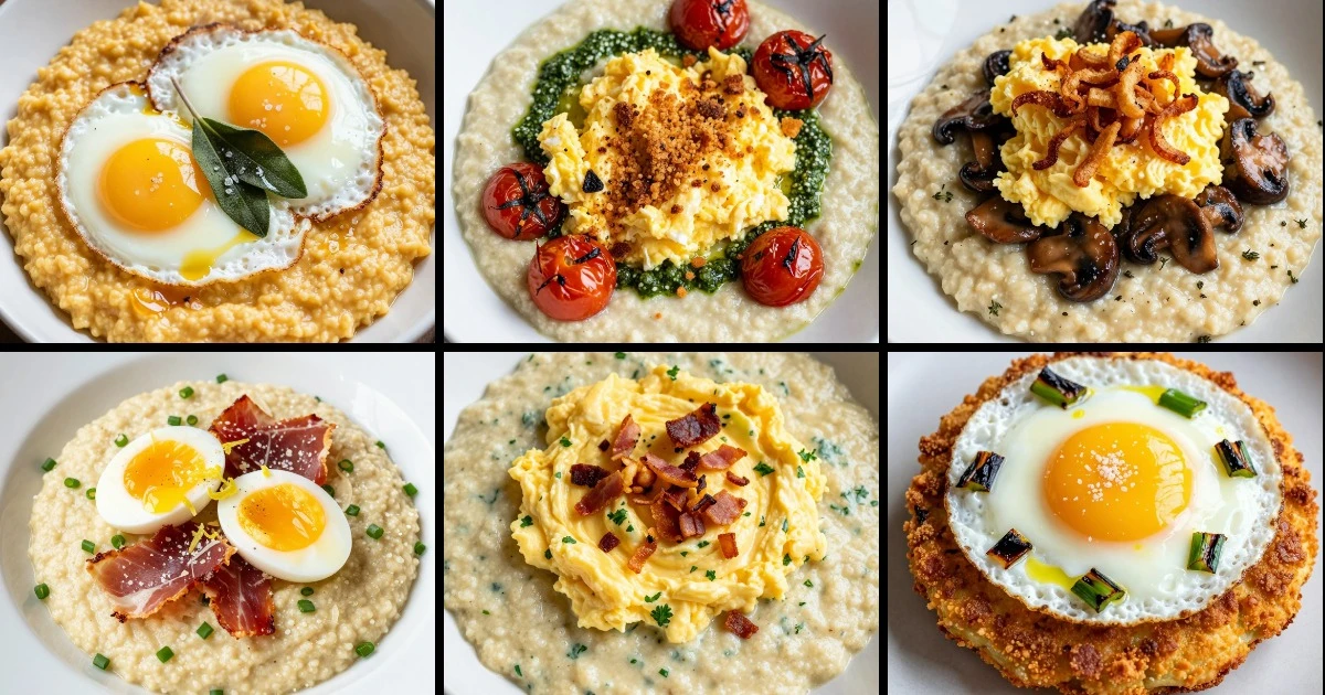 Collage of six grits and eggs breakfast dishes featuring creamy grits with various egg preparations and toppings.