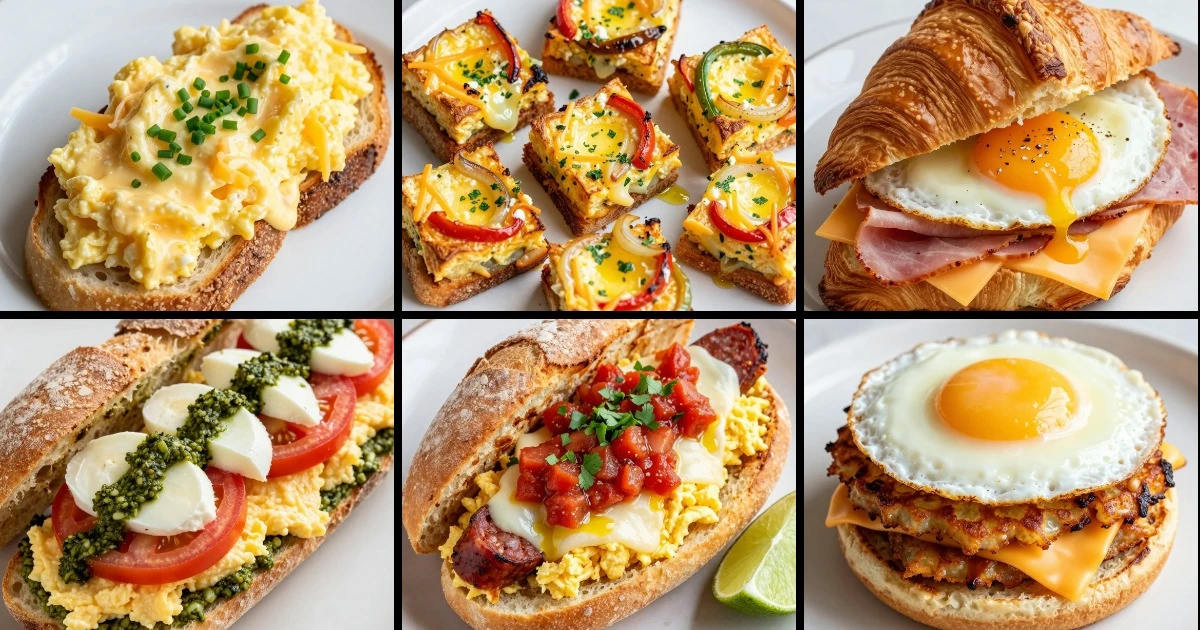 Collage of six breakfast egg sandwich variations featuring scrambled and baked eggs with different breads, cheeses, and toppings.