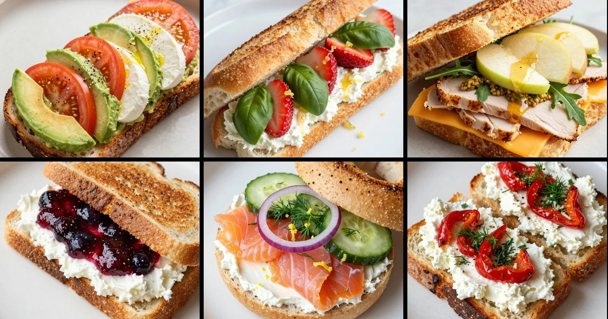 Collage of six breakfast sandwiches featuring avocado, ricotta, turkey, cottage cheese, smoked salmon, and whipped feta on various breads.