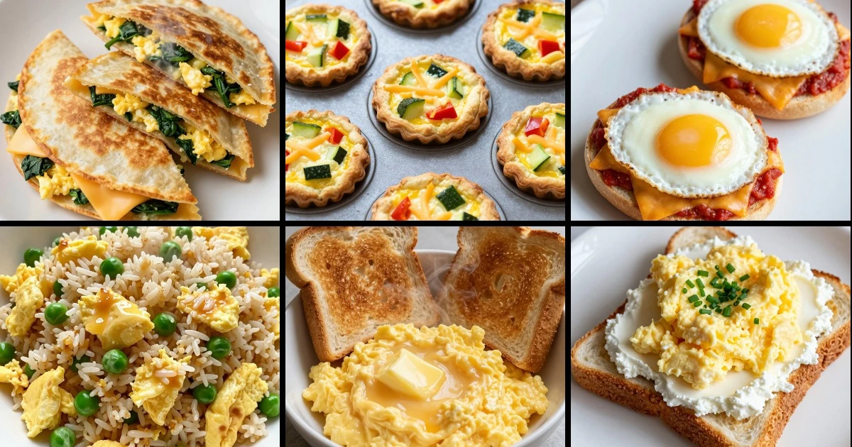 Collage of six egg breakfast dishes for kids including quesadillas, muffins, pizza, fried rice, scrambled eggs, and toast.